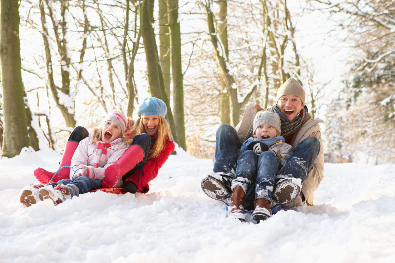 Prepare to play outside in winter, Family Sledging Through Snowy Woodland