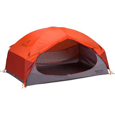 Orange tent with rainfly