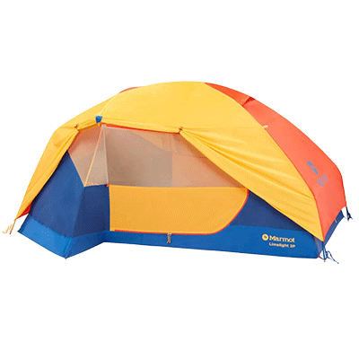Orange and blue tent with rainfly