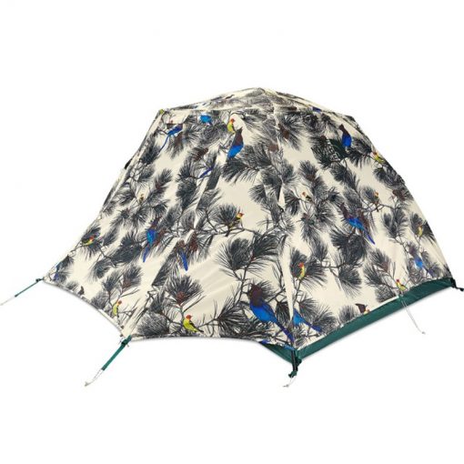 two person tent, tan and pine print