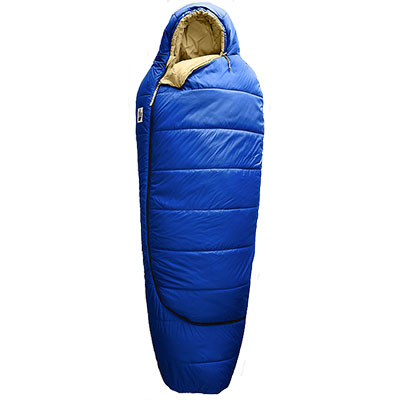 blue sleeping bag, tan liner