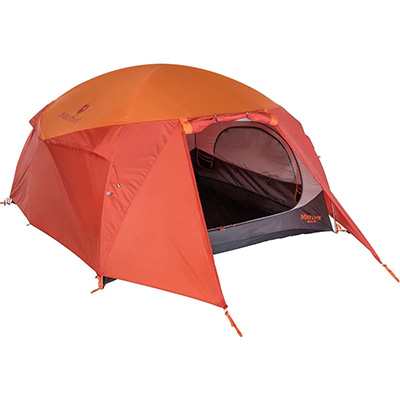 orange rainfly on tent