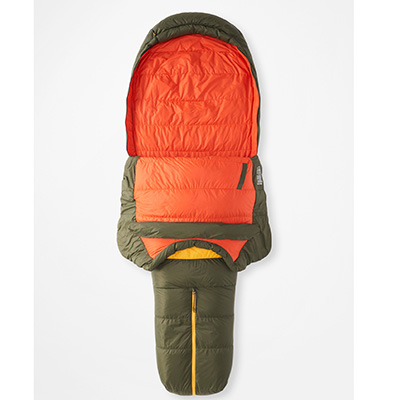 unzipped sleeping bag, black red and yellow