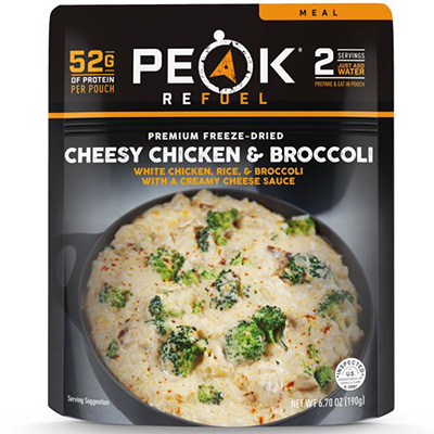 front of packaging for cheesy chicken broccoli