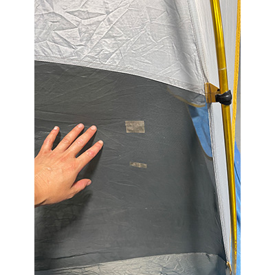 Repair on mesh of body of tent 1.